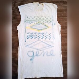 Sleeveless Vintage Air Brushed Graphic Tee with Blue and Yellow Design